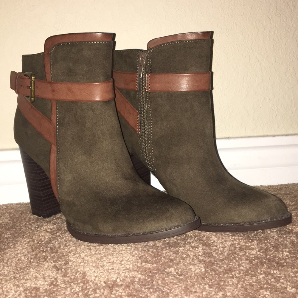 Olive Green Booties with Brown Straps Size 9